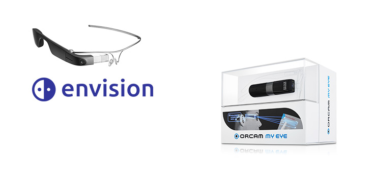 Bildbeschreibung: Es ist eine Envision Glasses, eine OrCam 2.0, ein OmniReader und ein Clearreader abgebildet Abbildung der Envision Glasses und OrCam my eye